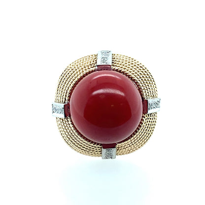 Estate 14K Yellow Gold Coral Sphere & Diamond Cocktail Ring