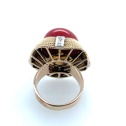 Estate 14K Yellow Gold Coral Sphere & Diamond Cocktail Ring