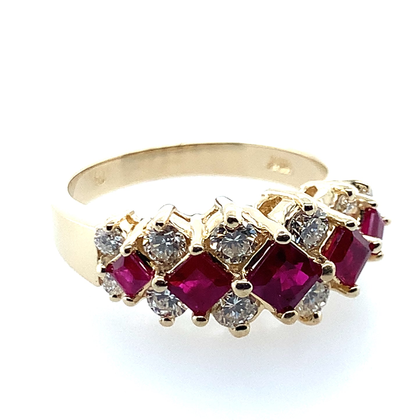 Estate 14K Yellow Gold Alternating Ruby and Diamond Ring
