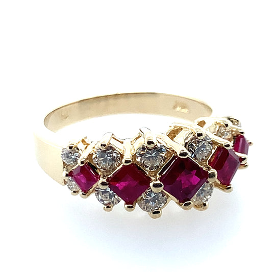 Estate 14K Yellow Gold Alternating Ruby and Diamond Ring