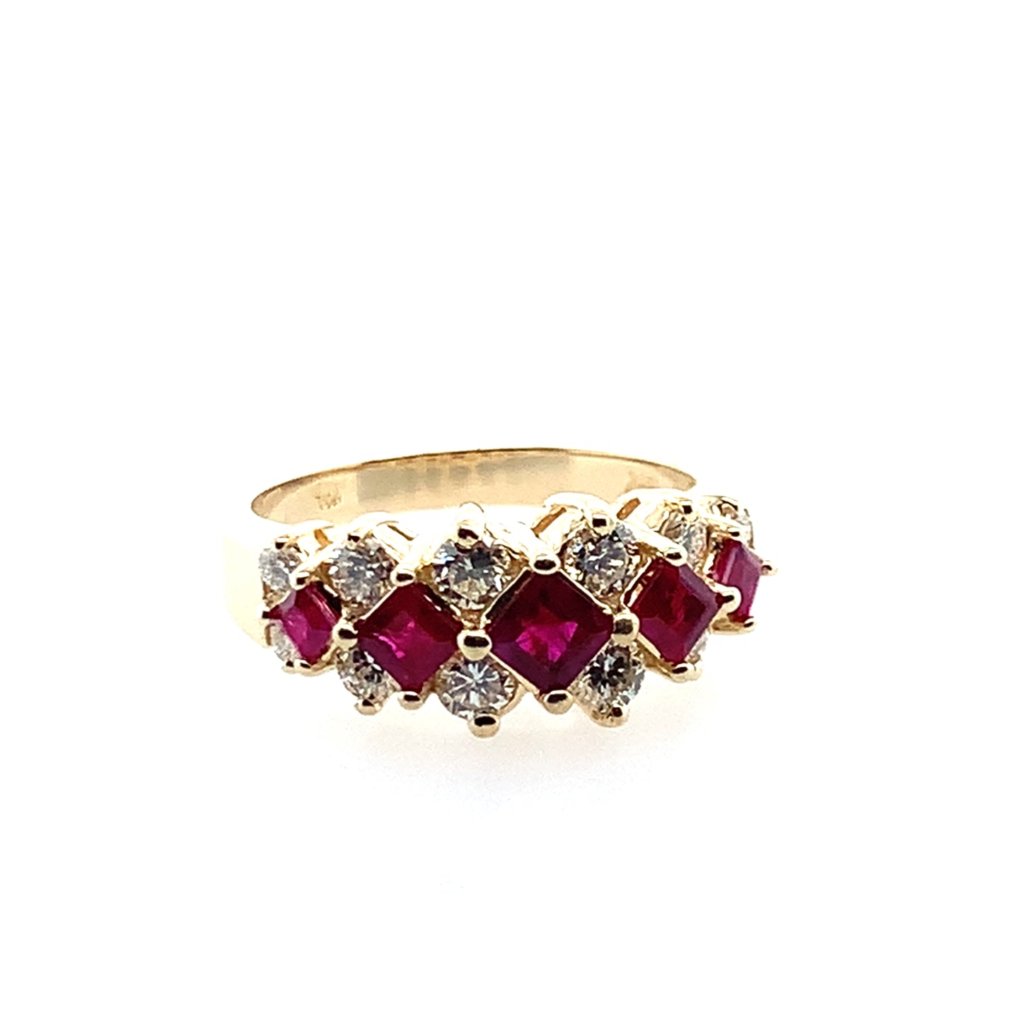 Estate 14K Yellow Gold Alternating Ruby and Diamond Ring
