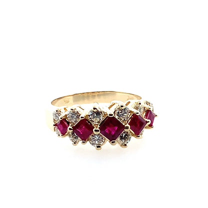 Estate 14K Yellow Gold Alternating Ruby and Diamond Ring