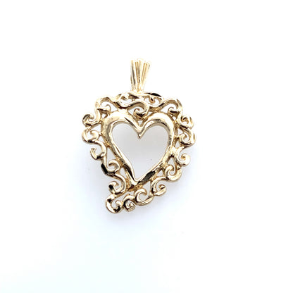 Estate 14K Yellow Gold Open Heart Filigree Charm Pendant With Bail
