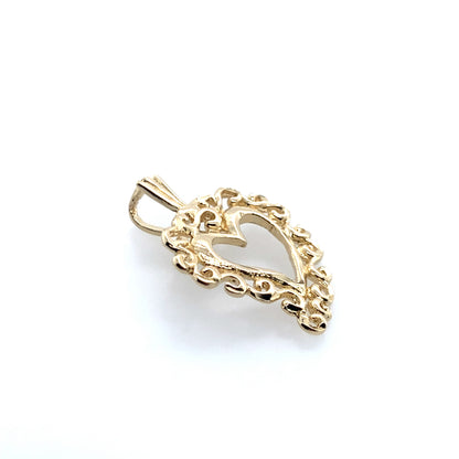 Estate 14K Yellow Gold Open Heart Filigree Charm Pendant With Bail