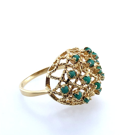 Estate 18K Yellow Gold Vintage Turquoise Dome Openwork Filigree Ring