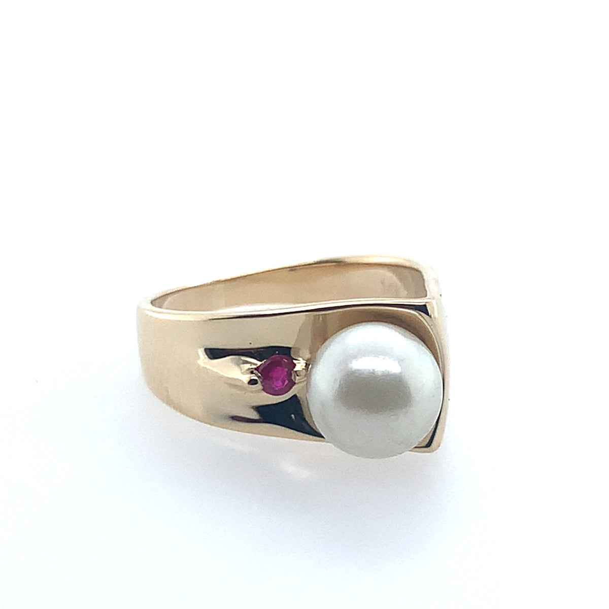 Estate 14K Yellow Gold Pearl Vintage Cocktail Red Accent Ring **Final Sale No Warranty**
