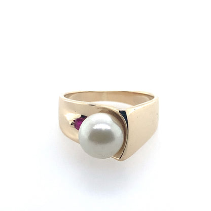 Estate 14K Yellow Gold Pearl Vintage Cocktail Red Accent Ring **Final Sale No Warranty**