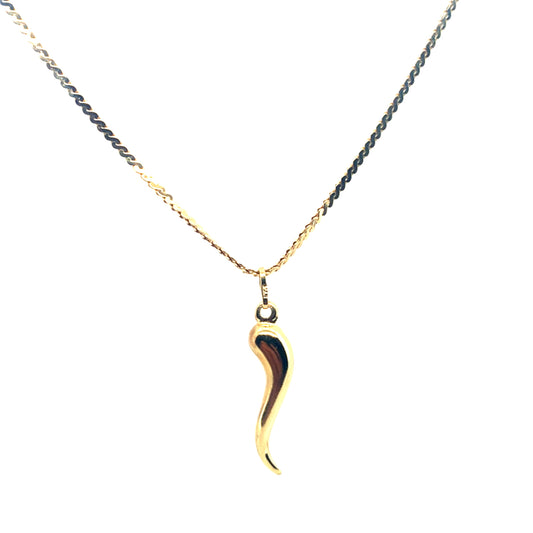 Estate 14K Yellow Gold Italian Horn Pendant With Curb Chain **Final Sale No Warranty**