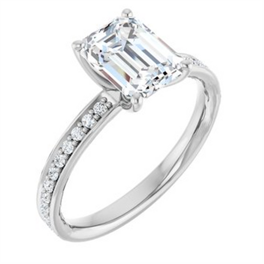 14K White Gold Diamond Accented Emerald Cut Semi Mount