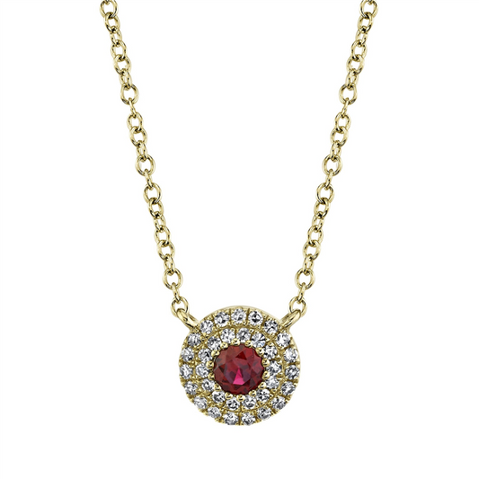 Shy Creation 14K Yellow Gold Round Ruby Pendant with Double Diamond Halo