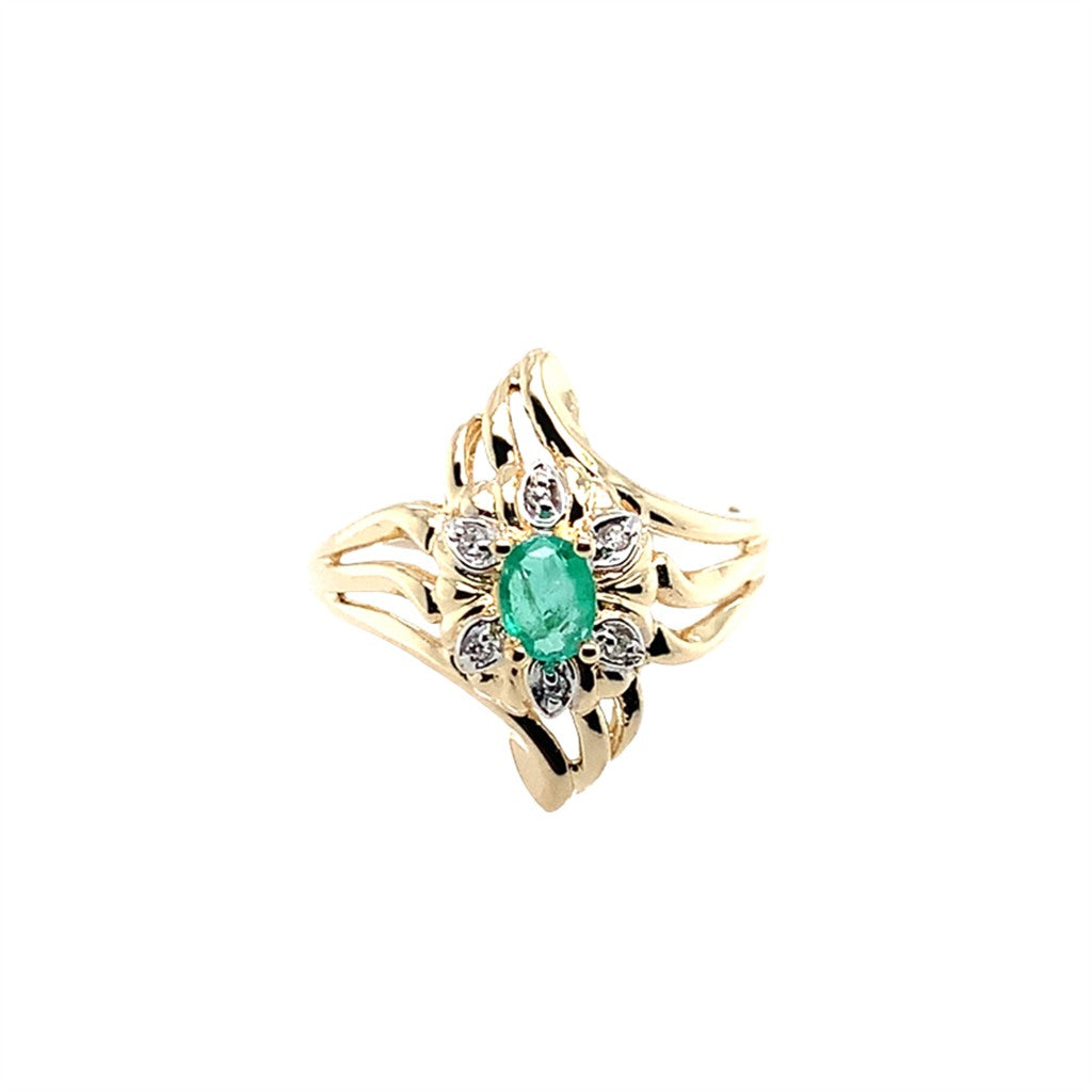 Estate 14K Yellow Gold Oval Emerald And Round Diamond Ring