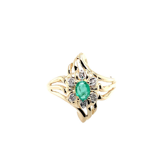 Estate 14K Yellow Gold Oval Emerald And Round Diamond Ring
