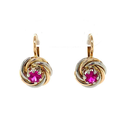 Estate 18K Two-Tone Red Stone Earrings