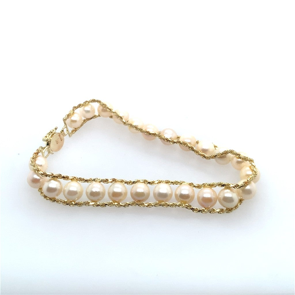Estate 14K Yellow Gold Pearl And Rope Bracelet