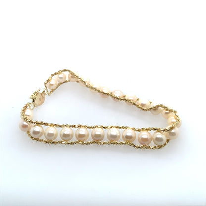 Estate 14K Yellow Gold Pearl And Rope Bracelet