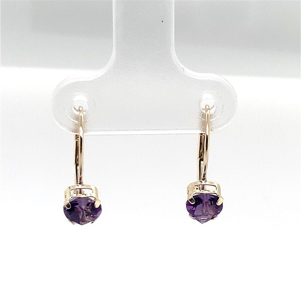 Estate 10K Yellow Gold Heart Shaped Ameythst Lever Back Earrings