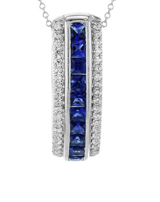 Simon G. 18Kw Princess Cut Sapphire & Round Diamond Bar Pendan