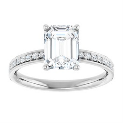 14K White Gold Diamond Accented Emerald Cut Semi Mount