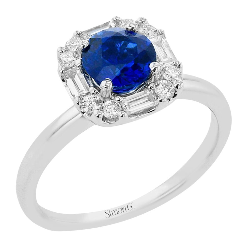 Simon G. 18Kw Sapphire with Baguette & Round Diamond Halo Ring