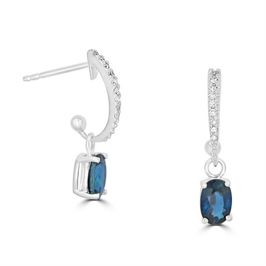14K White Gold Blue Sapphire Oval Pendant with a Diamond