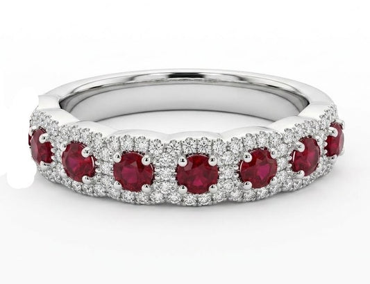 14K White Gold Ruby Diamond Halo Ring
