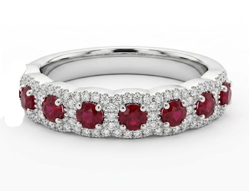 14K White Gold Ruby Diamond Halo Ring