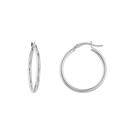14K White Gold Round Tube Polished Hoop Earrings