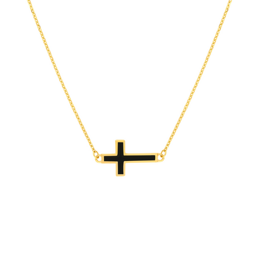 Rolland's Design 14K Yellow Gold & Black Enamel Sideways Cross Necklace