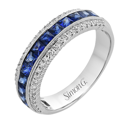 Simon G. 18K White Gold Princess Cut Blue Sapphire & Round Diamond Band