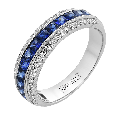 Simon G. 18K White Gold Princess Cut Blue Sapphire & Round Diamond Band