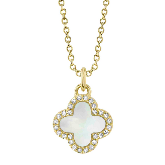 Shy 14Ky Pearl Clover & Diamond Halo Pendant