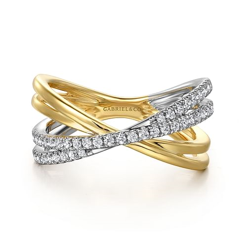 Gabriel Two Tone Diamond Criss Cross Ladies Right Hand Ring