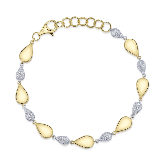 Shy Creation 14K Yellow and White Gold Alternating Pear Diamond and High-Polished Stone Bracelet