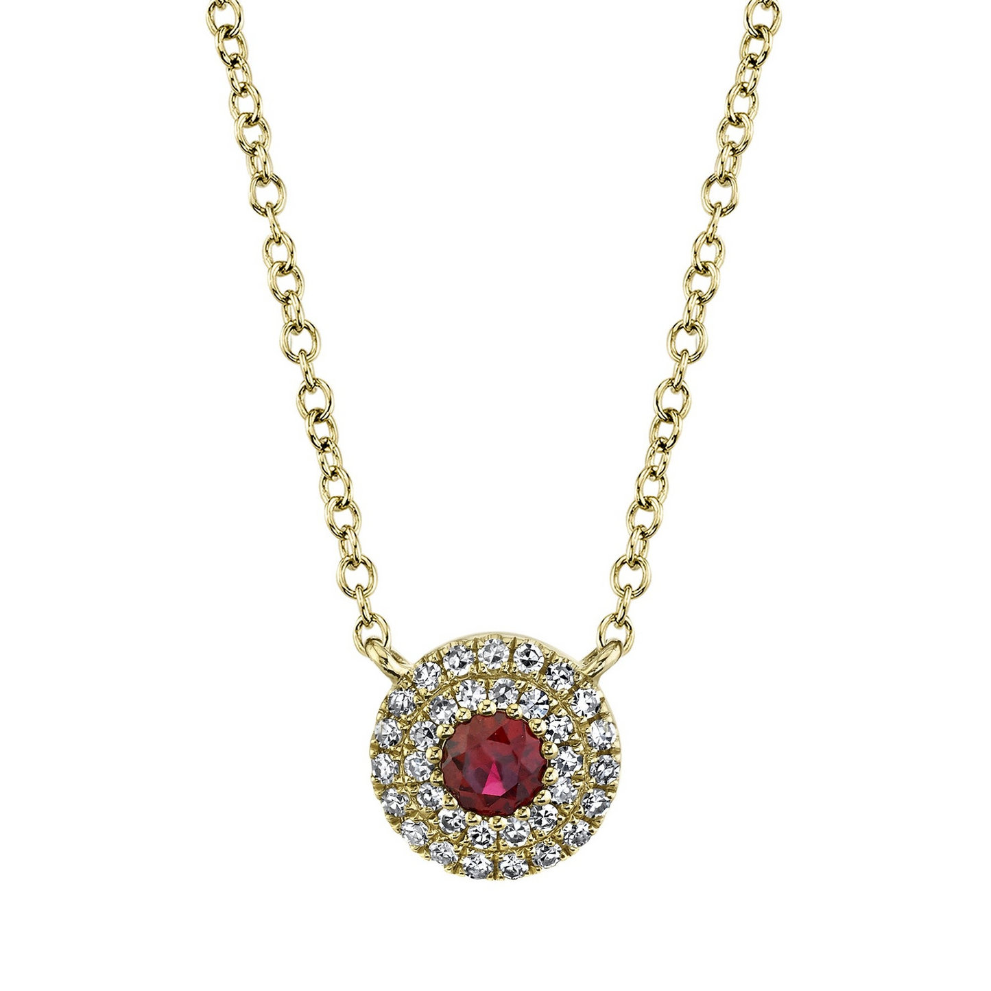 Shy Creation 14K Yellow Gold Round Ruby Pendant with Double Diamond Halo