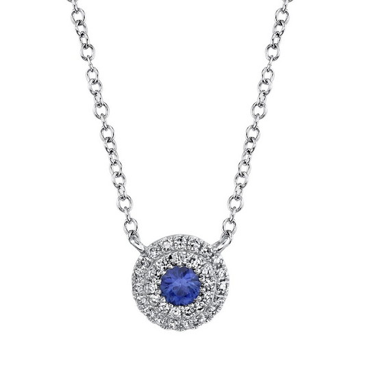 Shy Creation Sapphire Pendant with Double Diamond Halo