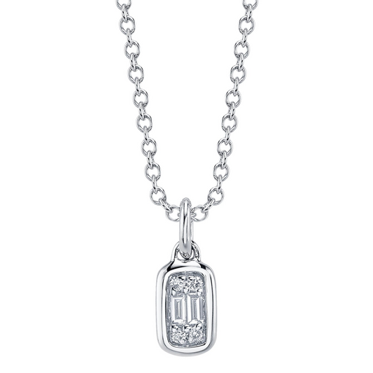 Shy Creation 14K White Gold Bezel Setting Baguette and Round Diamond Pendant