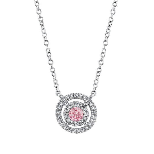 Shy Creation Pink Sapphire and Diamond Double Halo Pendant necklace
