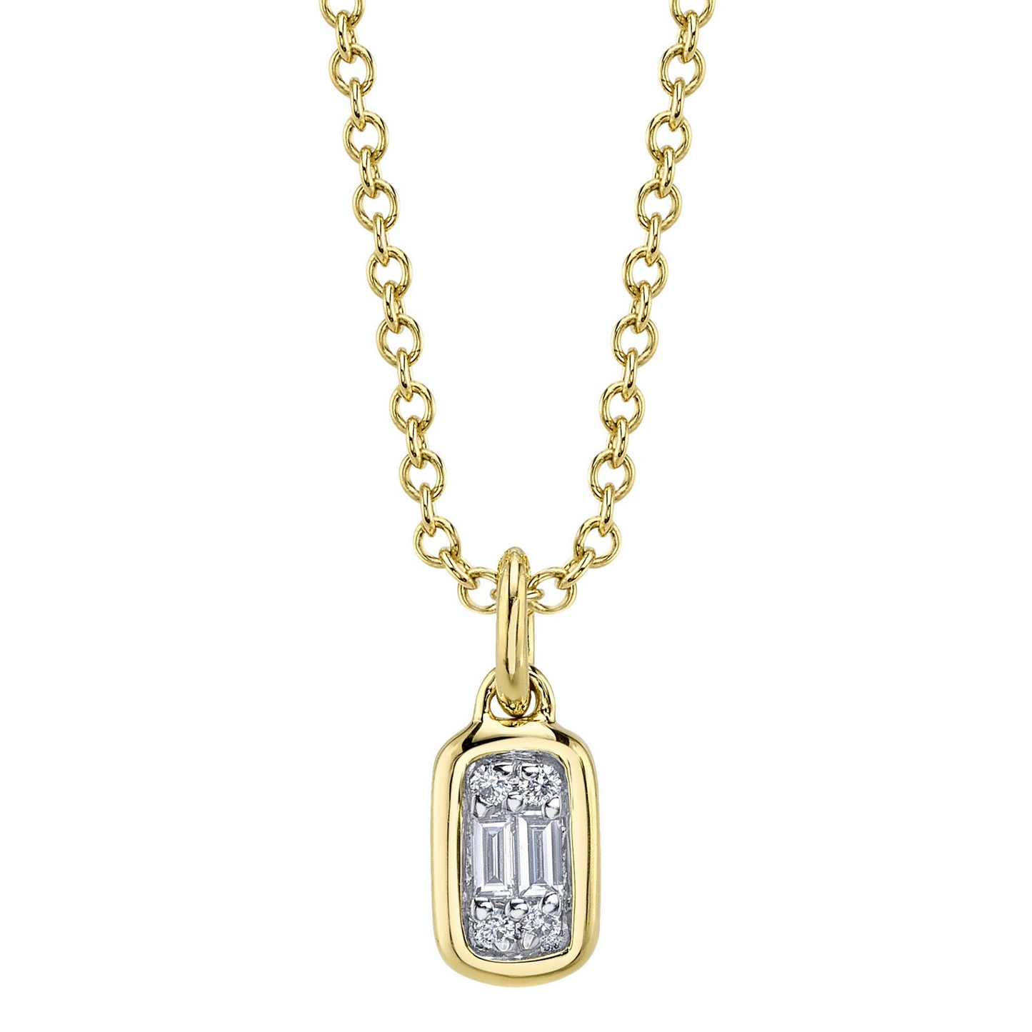 Shy Creation 14K Yellow Gold Bezel Setting Baguette and Round Diamond Pendant Necklace