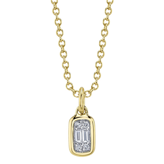 Shy Creation 14K Yellow Gold Bezel Setting Baguette and Round Diamond Pendant Necklace