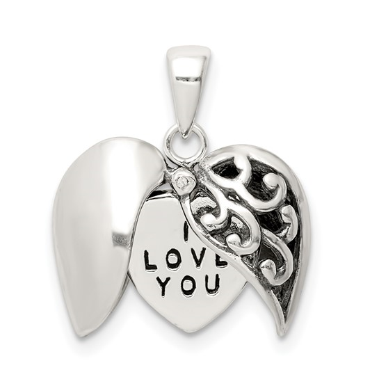 Sterling Silver Moveable Opening Heart Pendant  With I Love You Charm