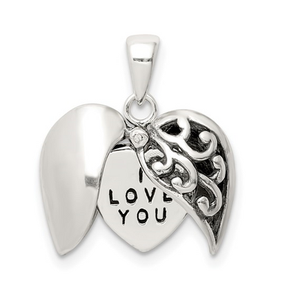 Sterling Silver Moveable Opening Heart Pendant  With I Love You Charm