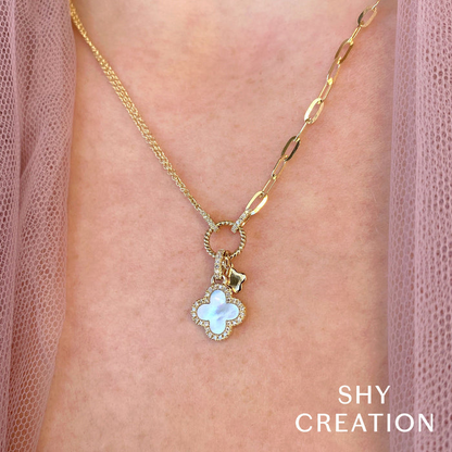 Shy Creation Diamond & Mother of Pearl Paperclip & Double Chain Necklace