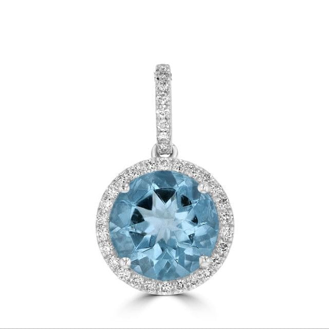 14K White Gold Aqaumarine And Diamond Halo Pendant