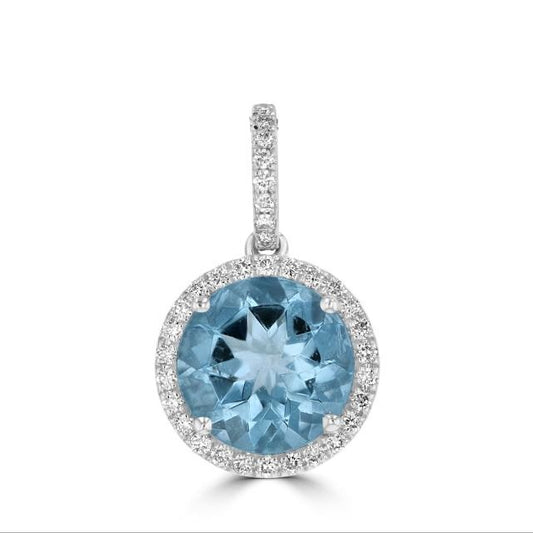 14K White Gold Aqaumarine And Diamond Halo Pendant