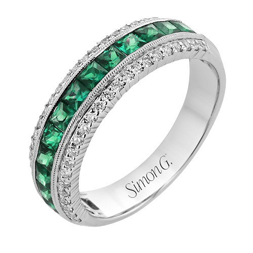 Simon G. 18K White Gold Princess Cut Emerald & Round Diamond Band