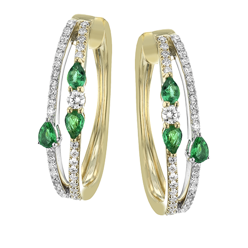 Simon G. 18K Two Tone Pear Emerald & Diamond Hoop Earrings