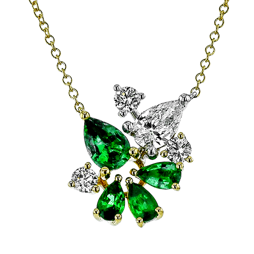 Simon G. 18K Two Tone Pear Emerald & Diamond Cluster Pendant