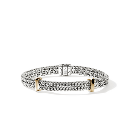 John Hardy Silver Icon Link Flat Chain Bracelet with Gold Stations