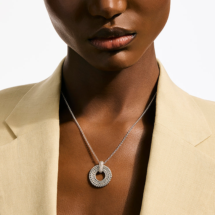 John Hardy Silver Diamond Pave Icon Link Double Circle Necklace