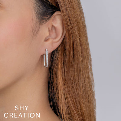 Shy Creation 14K White Gold Diamond Pave Oval Hoop Earrings